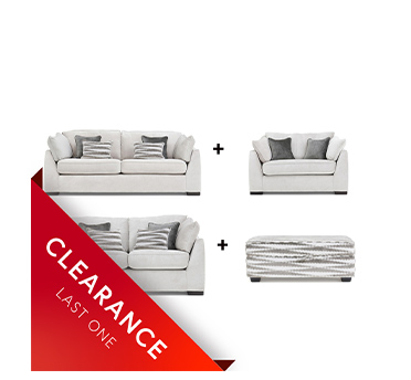 Shop the Ex Display Shelby 3 seater, 2 seater, Snuggler Chair & Footstool Set